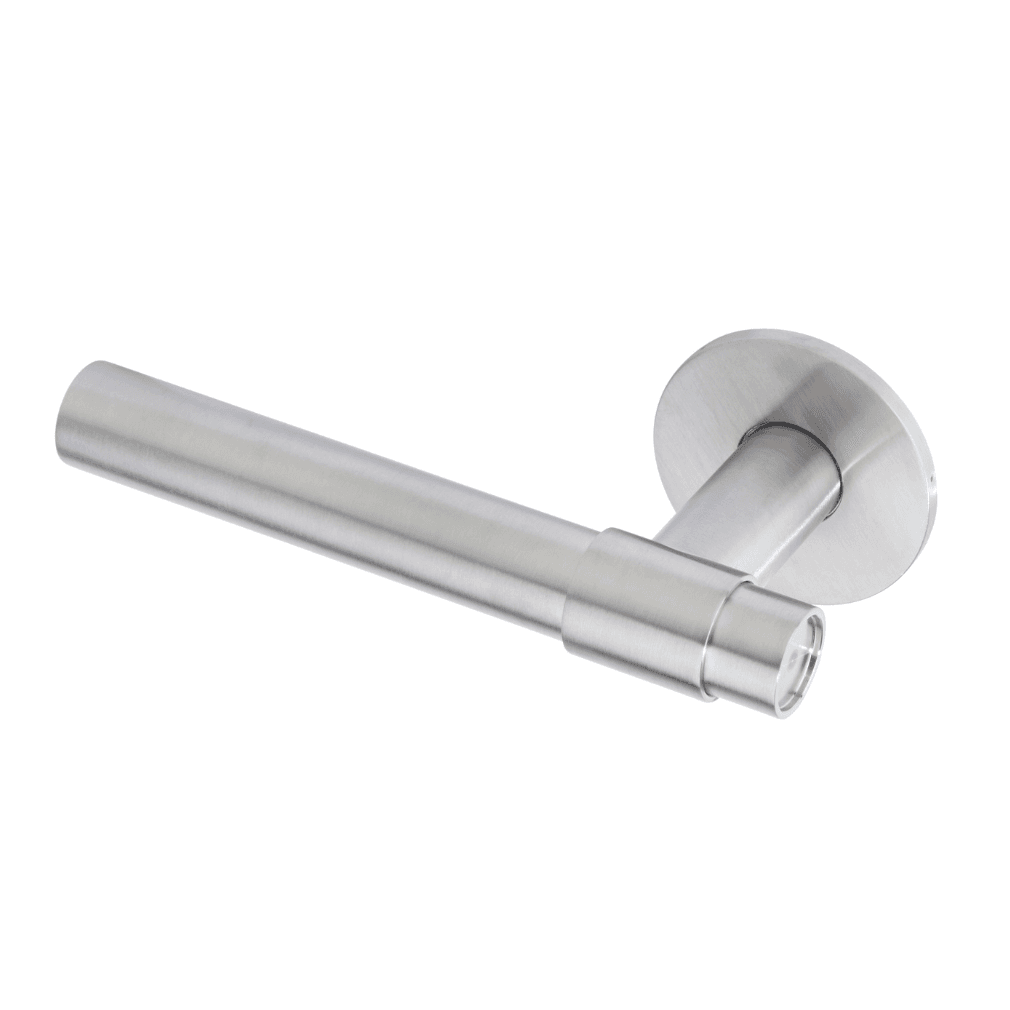 Satin Stainless steel lever door handle for internal use with a sleek, minimalist design, featuring a cylindrical arm and round wall mount.