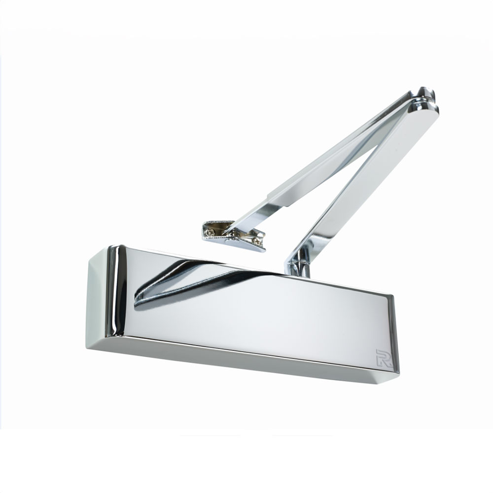 ECL1006 door closer suitable for fire rated interior doors in a polished stainless steel finish