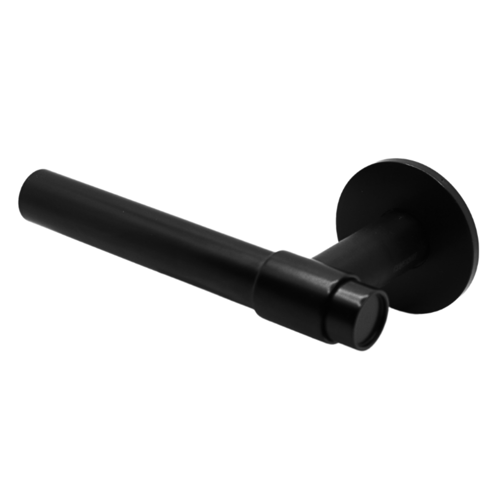 Black cylindrical door handle with a round backplate rose, featuring a minimalist and modern design.